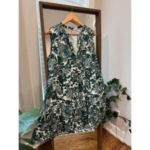 Sundry For Everve Green Tropical Leaf 
Anthropologie Tiered V Neck Dress Size 3